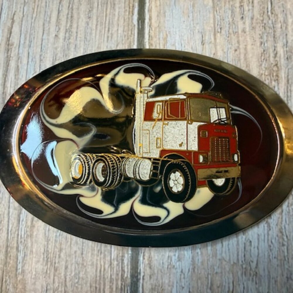 Vintage Epoxy Belt Buckle – Mack Cab-Over Semi Truck – New Old Stock – 1980s